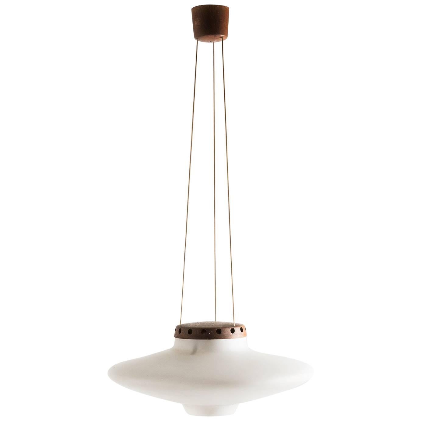 Uno and Östen Kristiansson Wooden and Opaline Glass Pendant for Luxus, 1950s For Sale