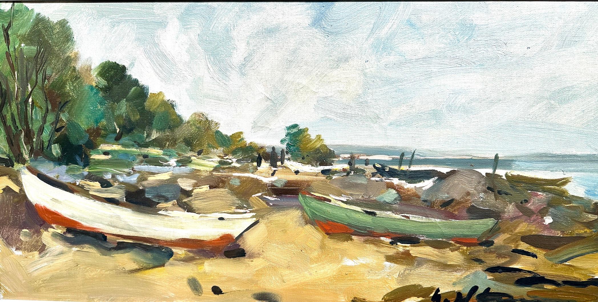 Swedish mid century Impressionist beach scene with fishing boats - Painting by Uno Hubert Karlsson