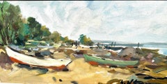 Swedish mid century Impressionist beach scene with fishing boats