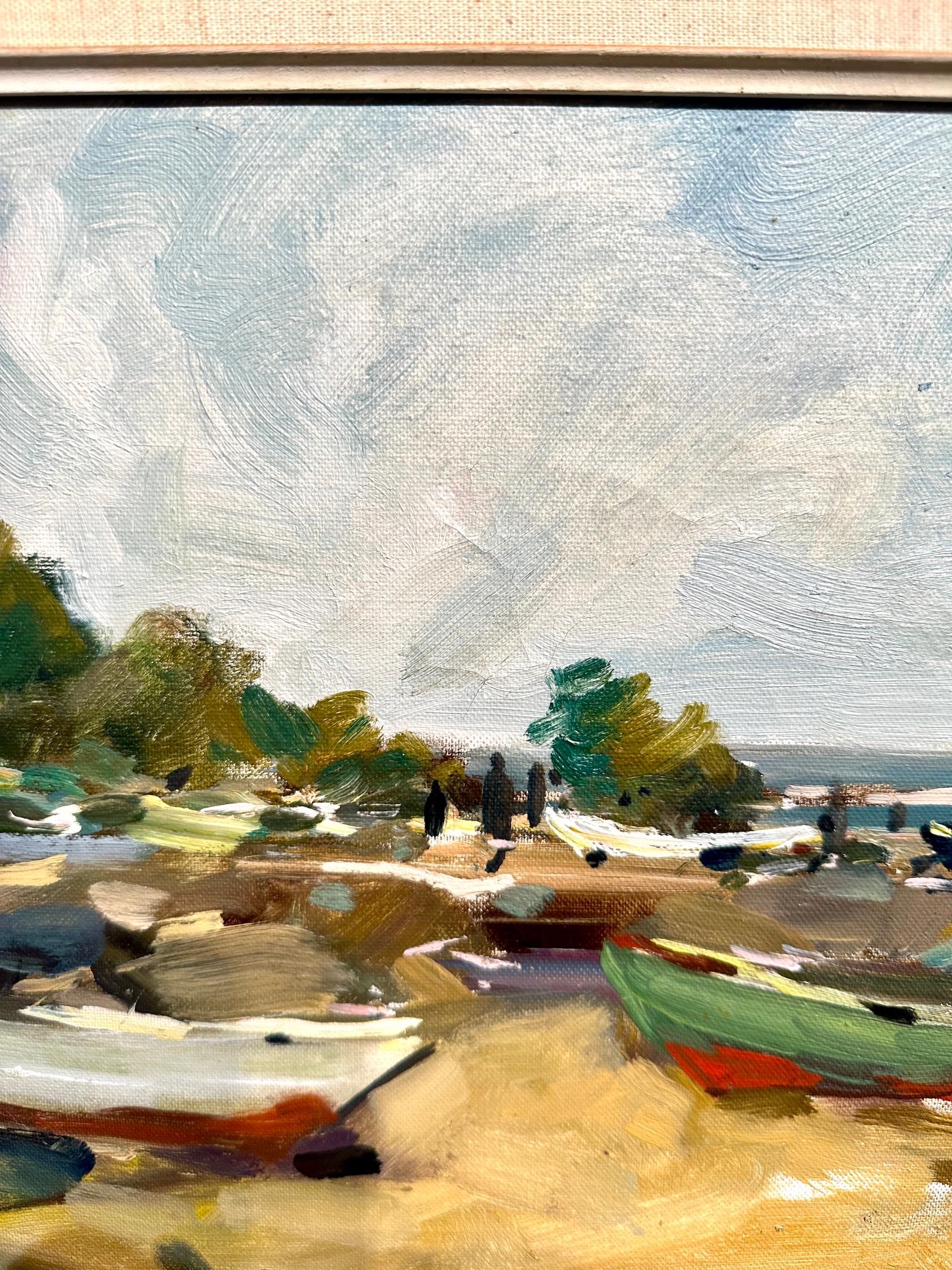 Swedish mid century Impressionist beach scene with fishing boats For Sale 2