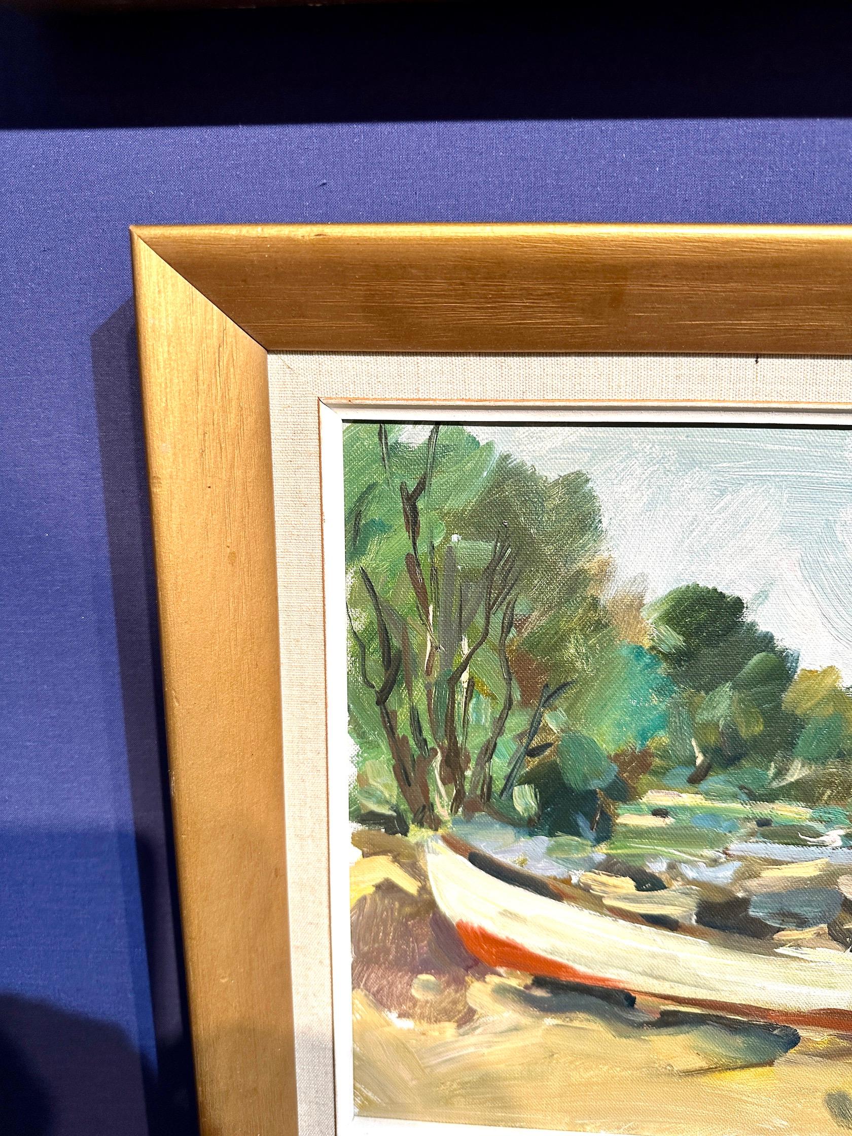 Swedish mid century Impressionist beach scene with fishing boats For Sale 3