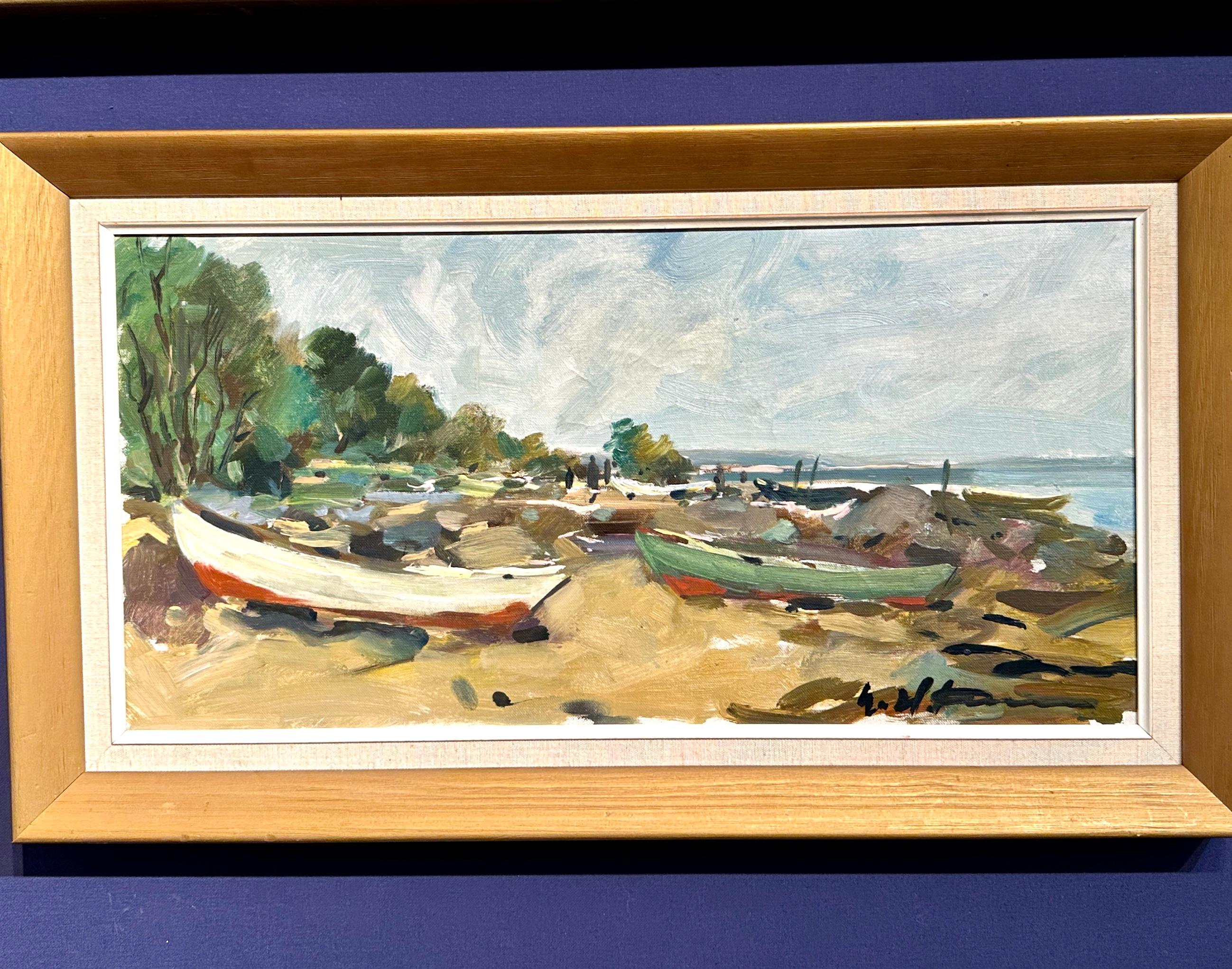 Uno Hubert Karlsson Landscape Painting - Swedish mid century Impressionist beach scene with fishing boats