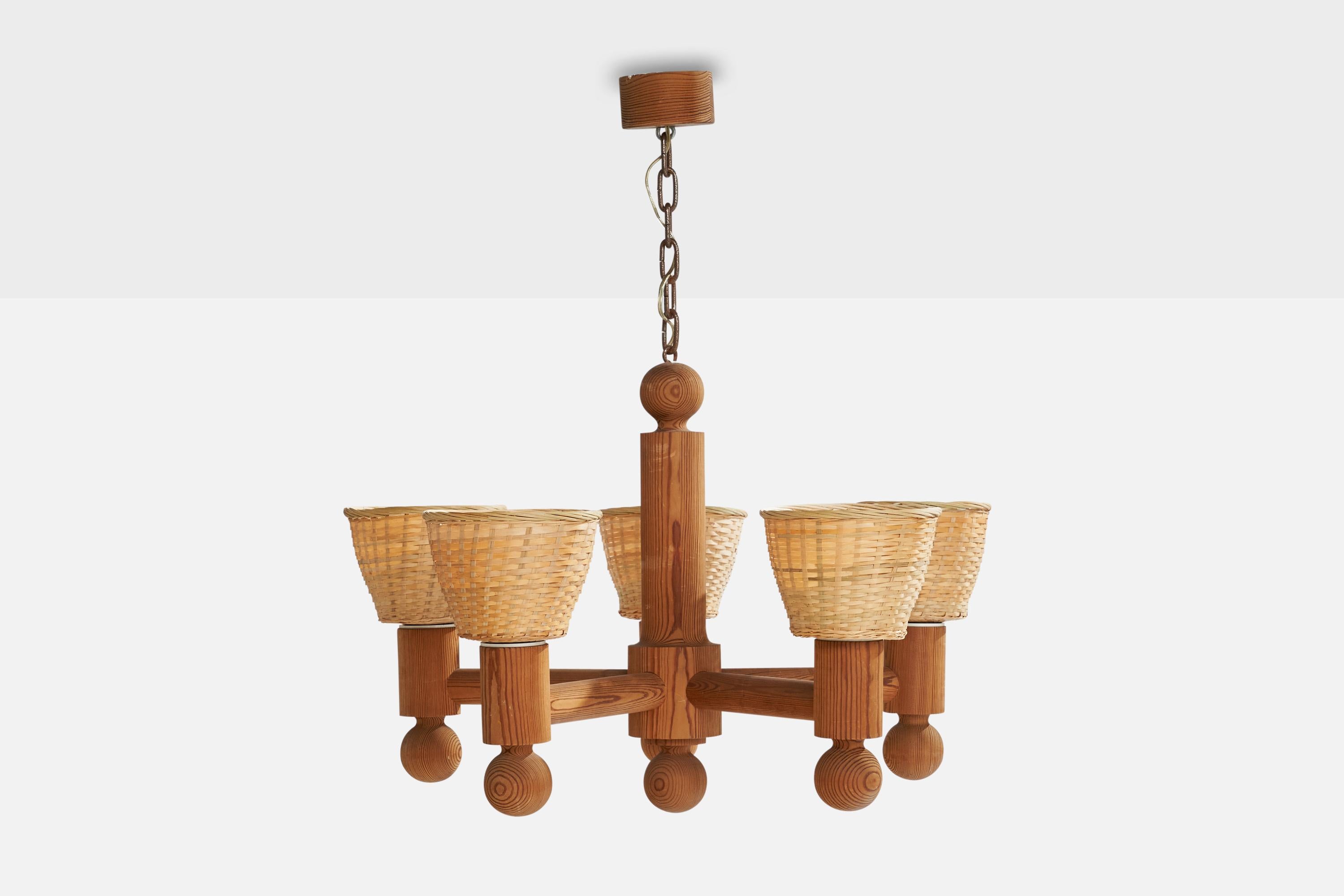 Suédois Uno Kristiansson, lustre, pin, rotin, Suède, 1970 en vente