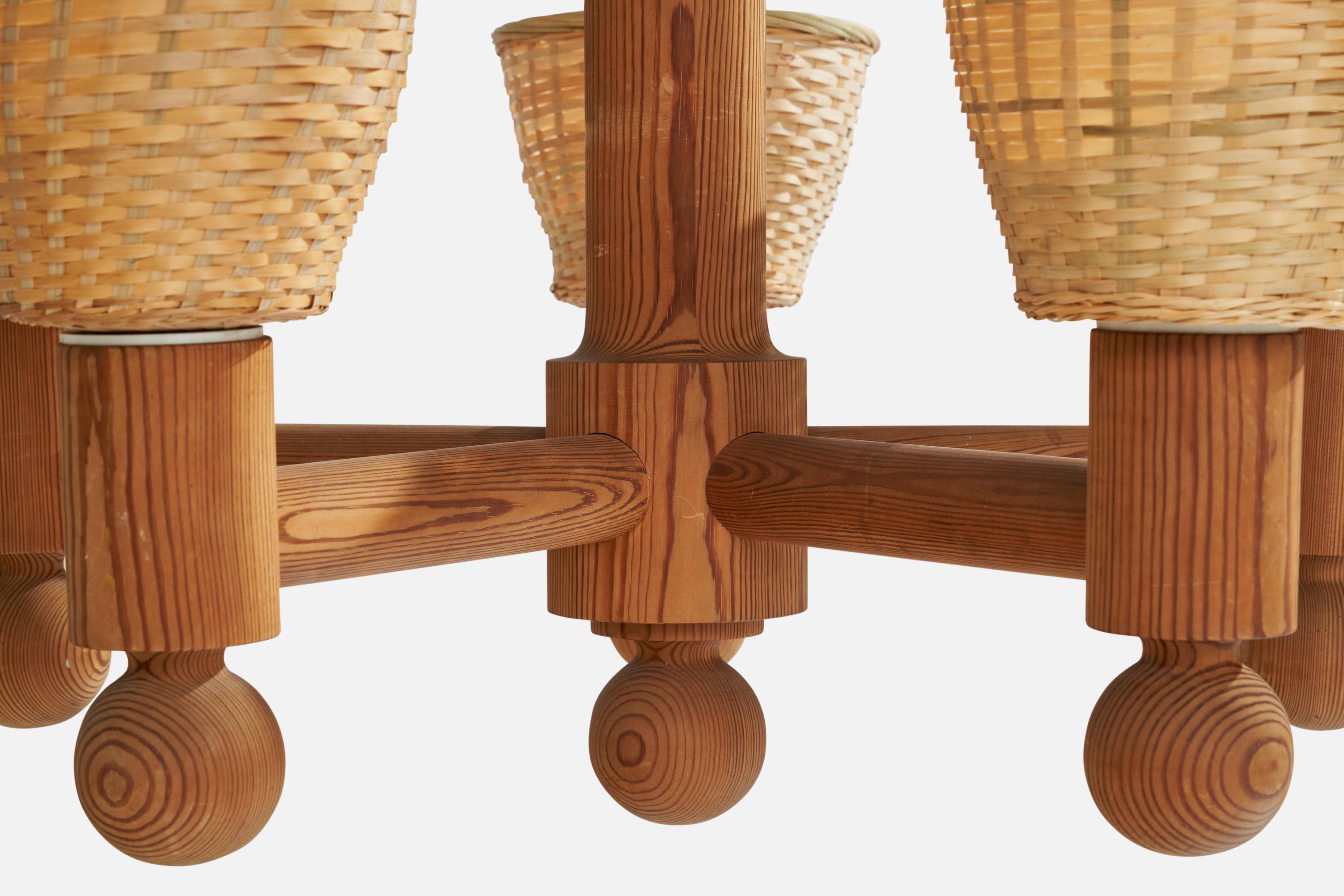 Uno Kristiansson, lustre, pin, rotin, Suède, 1970 en vente 2