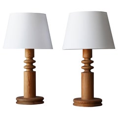 Uno Kristiansson, Pair of Table Lamps, Turned Solid Pine, Luxus, Sweden, 1960s