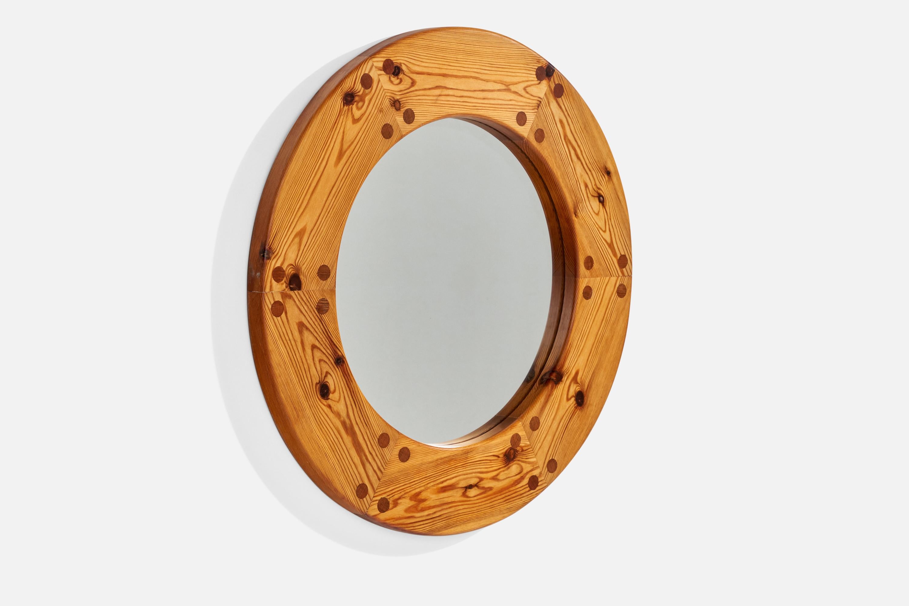 Mid-Century Modern Uno Kristiansson, Round Wall Mirror, Solid Pine, Luxus, Sweden, 1960s For Sale