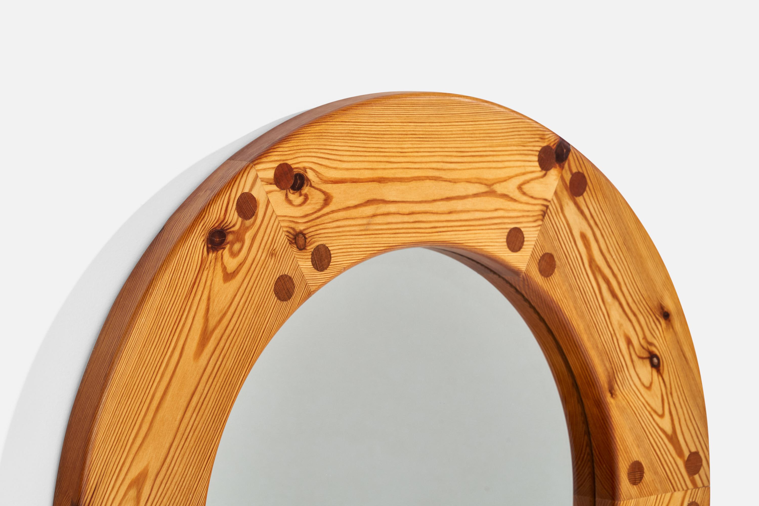 Swedish Uno Kristiansson, Round Wall Mirror, Solid Pine, Luxus, Sweden, 1960s For Sale