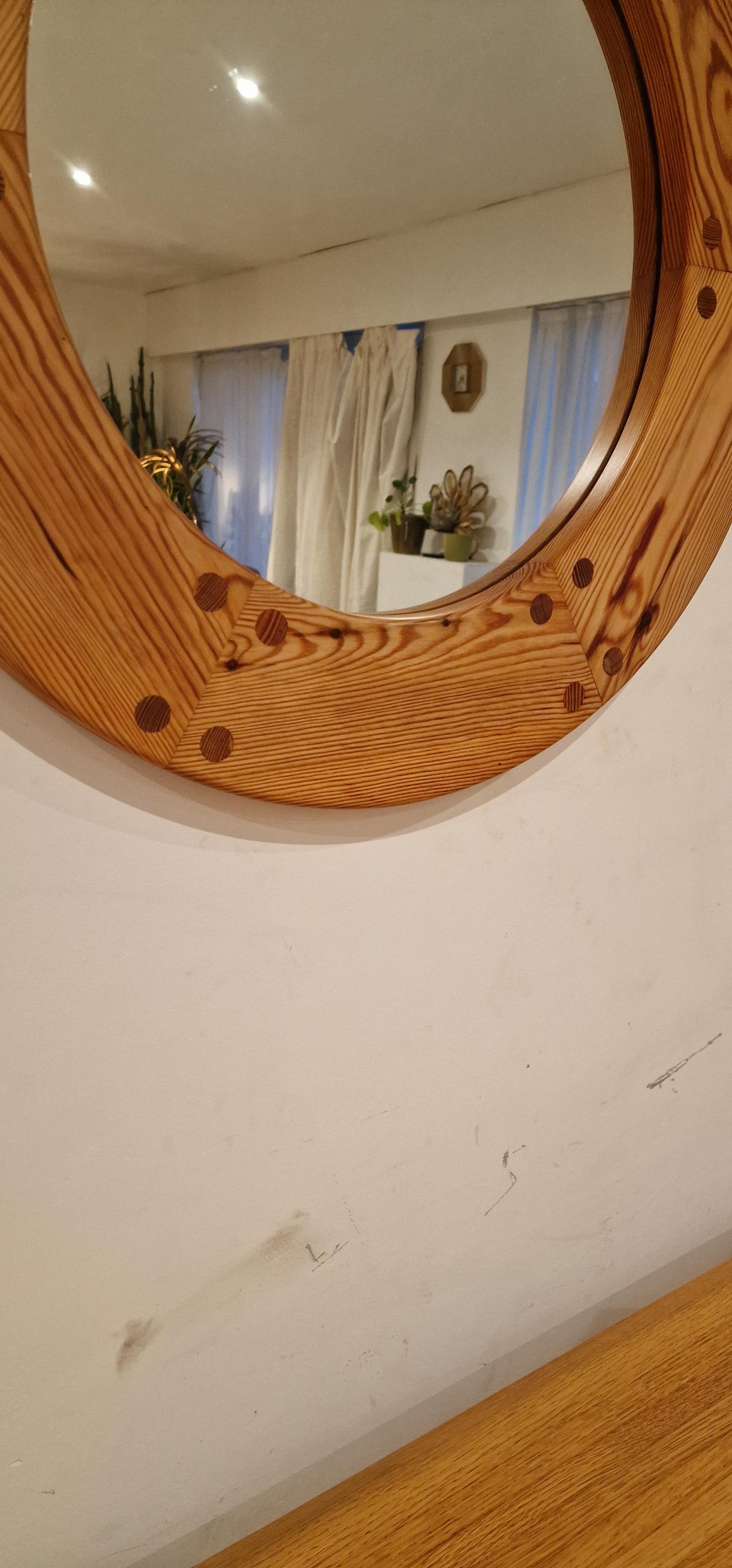 Swedish Uno Kristiansson, Round Wall Mirror, Solid Pine, Luxus, Sweden, 1960s For Sale
