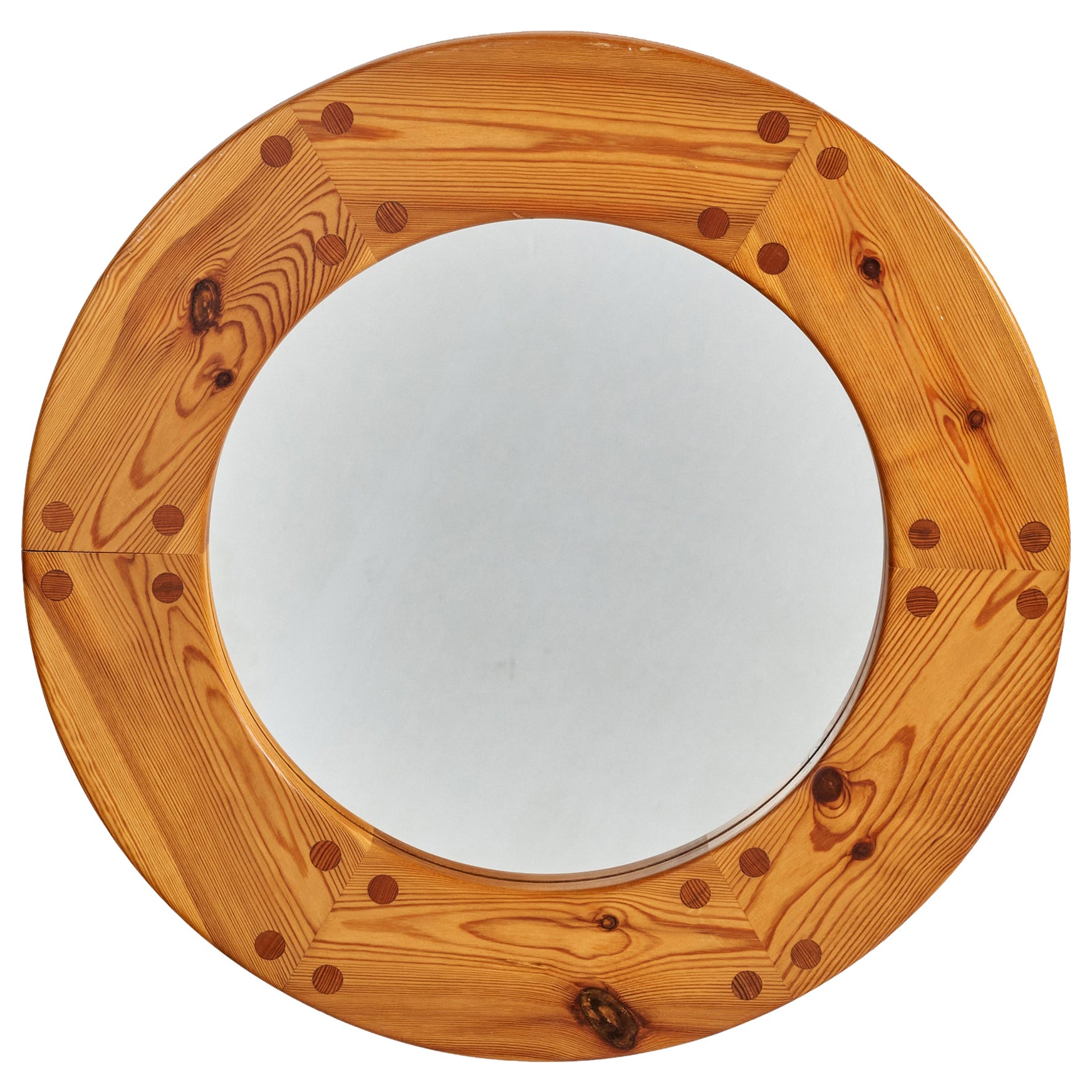 Uno Kristiansson, miroir mural rond en pin massif, Luxus, Suède, années 1960 en vente