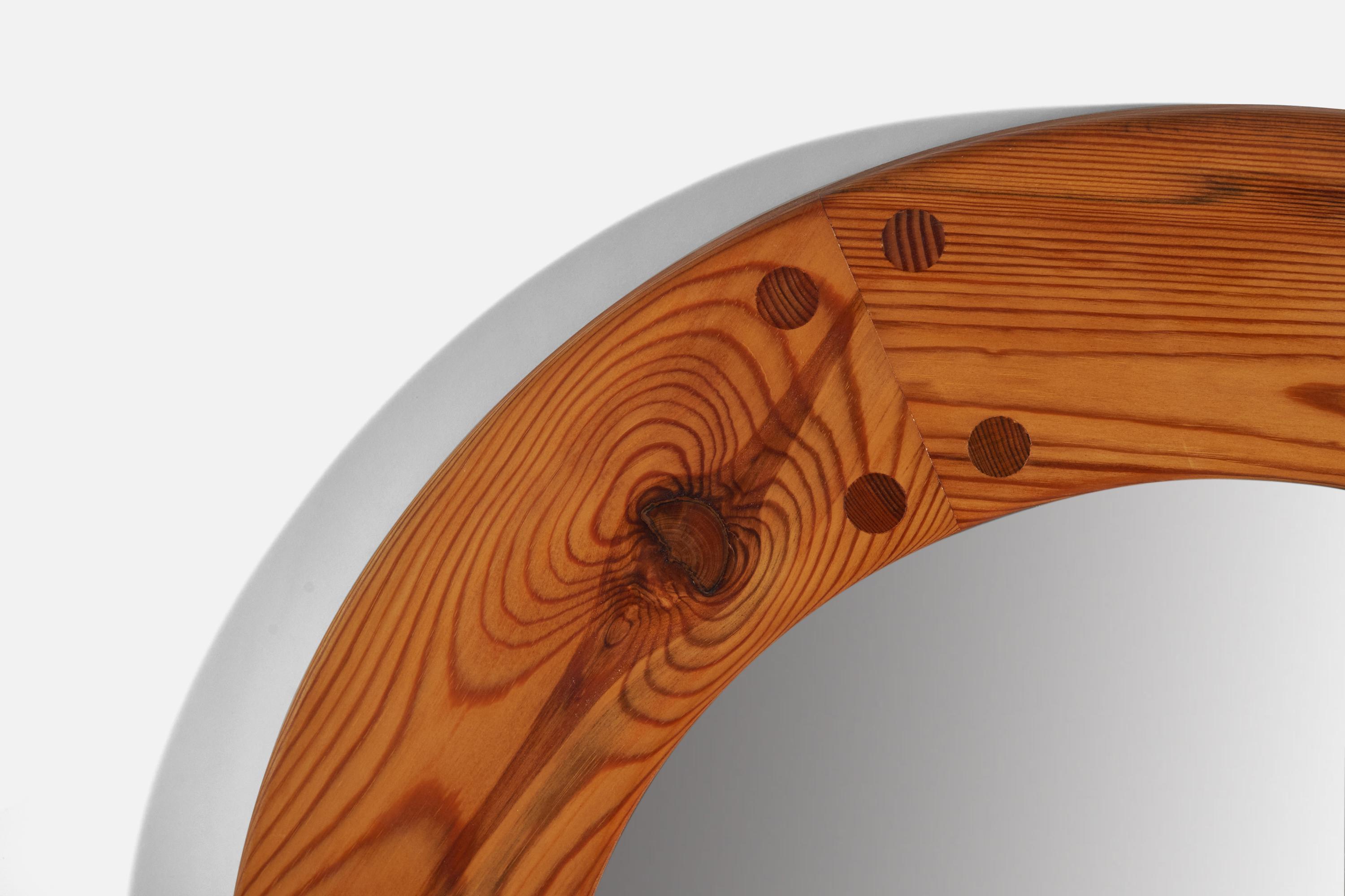 Swedish Uno Kristiansson, Round Wall Mirror, Solid Pine, Mirror, Luxus, Sweden, 1960s For Sale