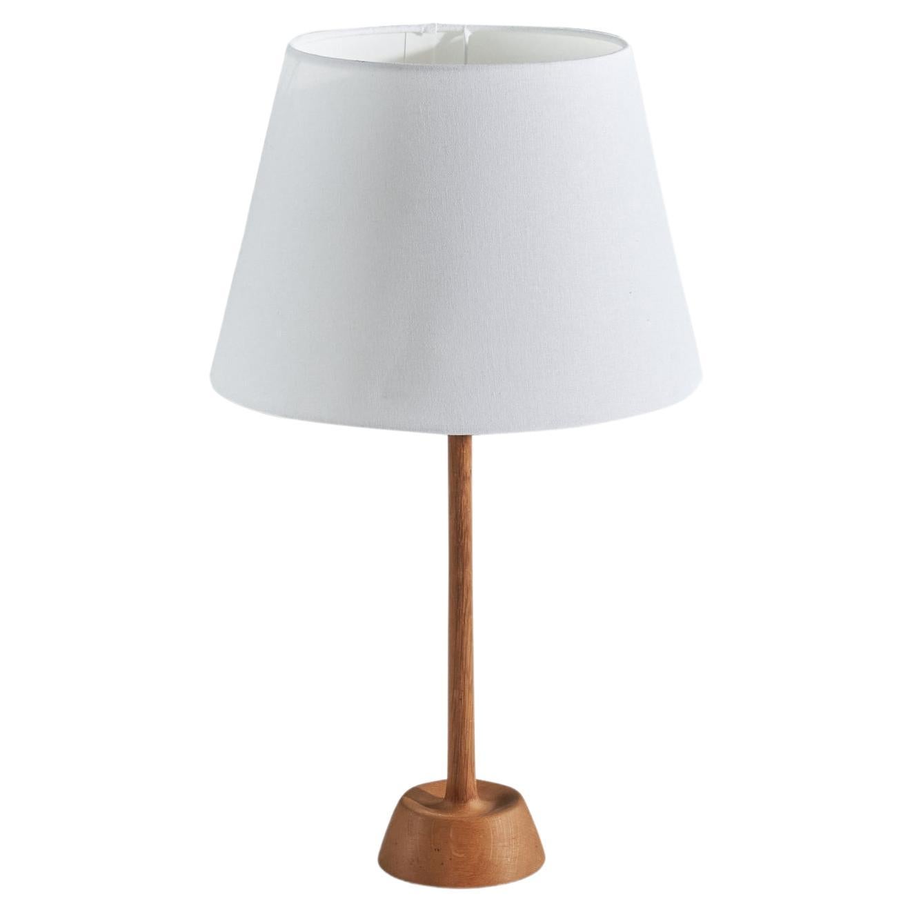 Uno Kristiansson, Table Lamp, Oak, Fabric, Sweden, 1970s For Sale