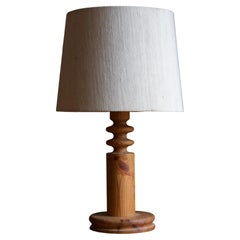 Uno Kristiansson, Table Lamp, Turned Solid Pine, Fabric, Luxus, Sweden, 1960s