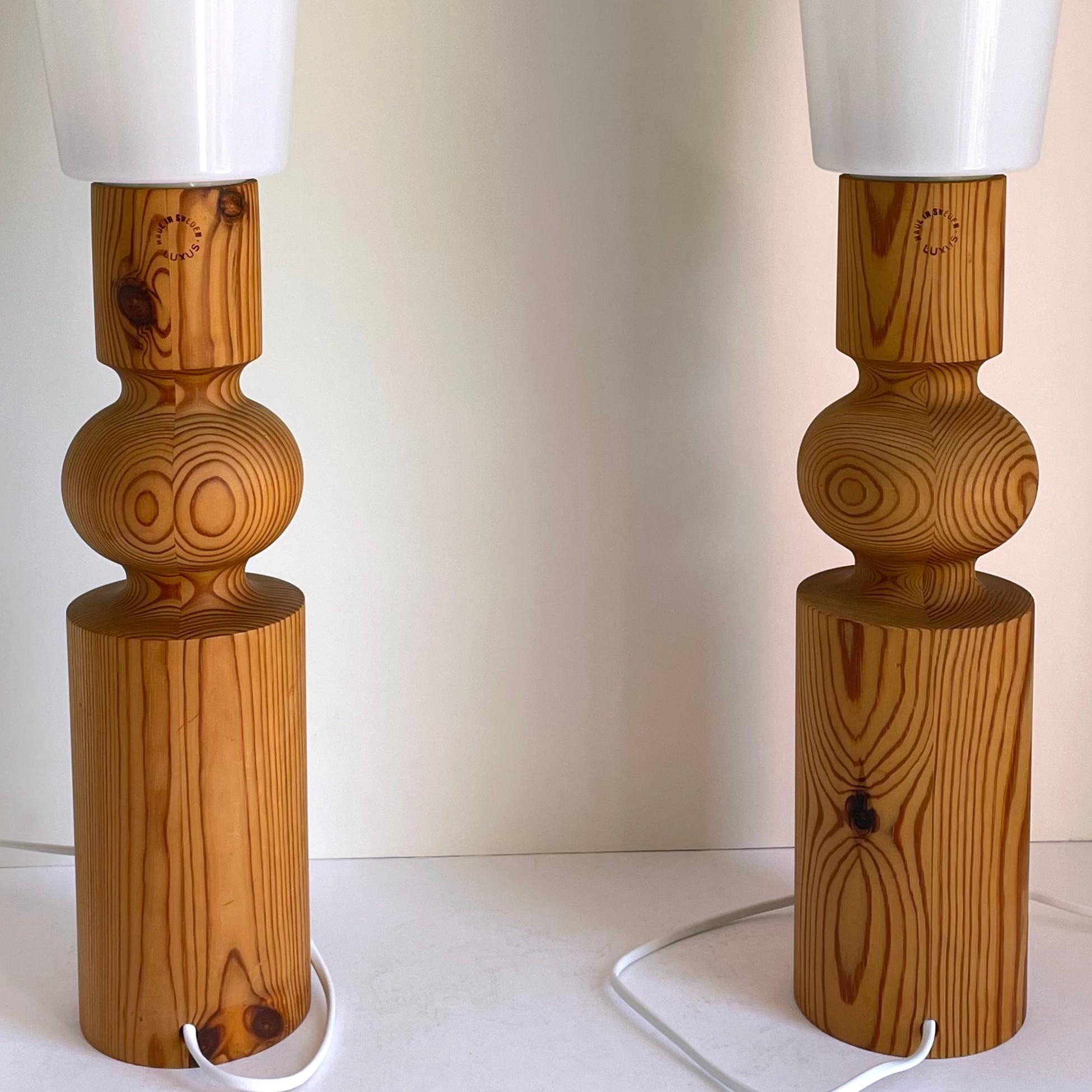 Uno Kristiansson Table Lamps, Turned Solid Pine, Luxus Sweden, 1960s In Good Condition For Sale In Stockholm, SE
