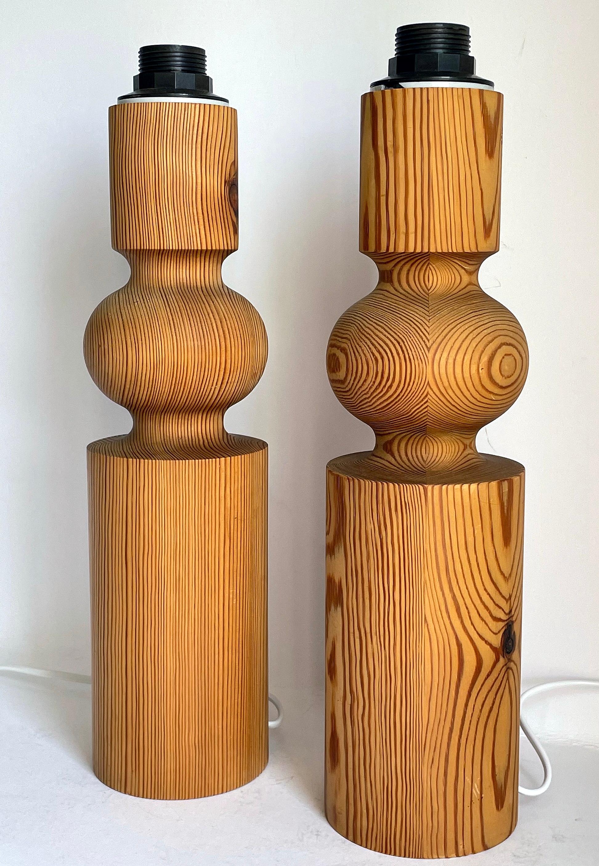 Fabric Uno Kristiansson Table Lamps, Turned Solid Pine, Luxus Sweden, 1960s For Sale
