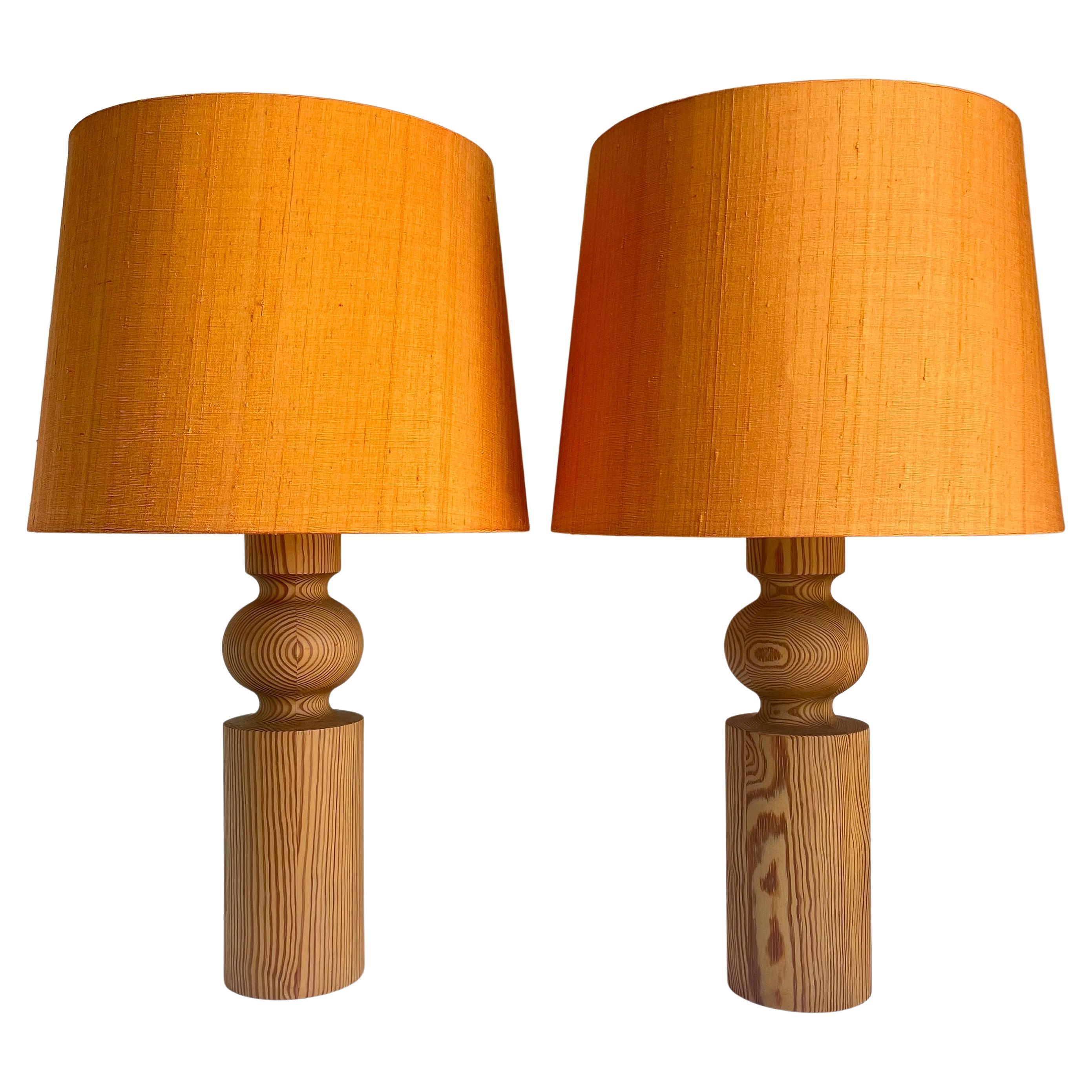 Uno Kristiansson Table Lamps, Turned Solid Pine, Luxus Sweden, 1960s For Sale
