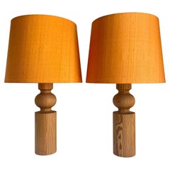 Vintage Uno Kristiansson Table Lamps, Turned Solid Pine, Luxus Sweden, 1960s
