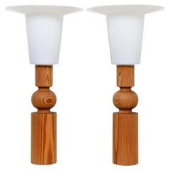 Uno Kristiansson Table Lamps, Turned Solid Pine, Luxus Sweden, 1960s