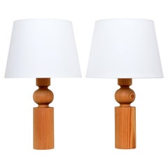 Uno Kristiansson Table Lamps, Turned Solid Pine, Luxus Sweden, 1960s
