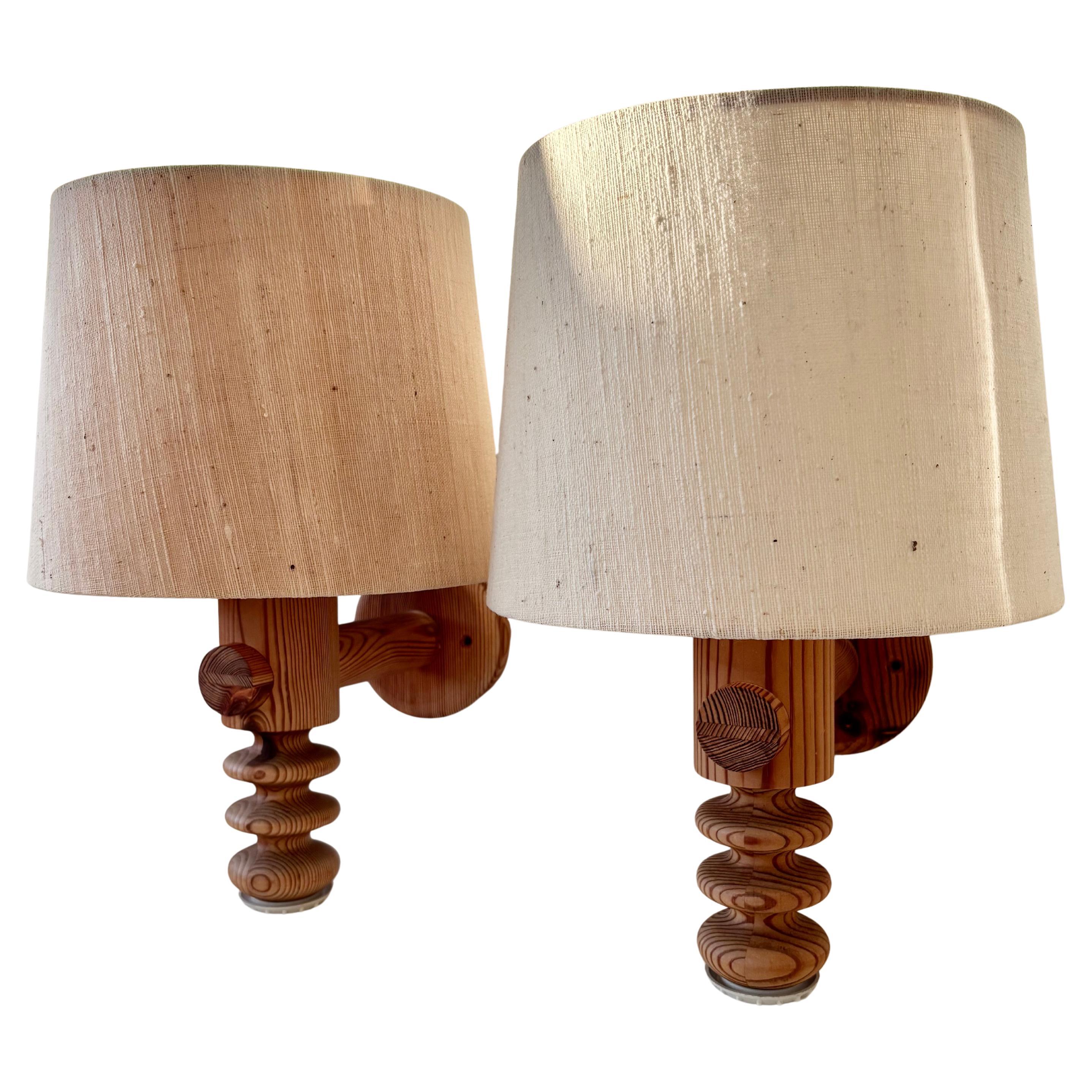 UNO KRISTIANSSON Wall Lamps, Pine Luxus, 1970s, Scandinavian Modern, Signed Pair For Sale