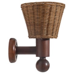 Uno Kristiansson, Wall Light, Dark-Stained Pine, Rattan, Luxus, Sweden, 1970s