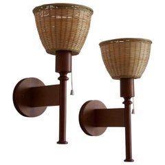 Uno Kristiansson, Wall Lights, Dark Stained Pine, Rattan, Luxus, Sweden, 1960s