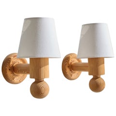 Uno Kristiansson, Wall Lights, Pine, Fabric, Sweden, 1970s