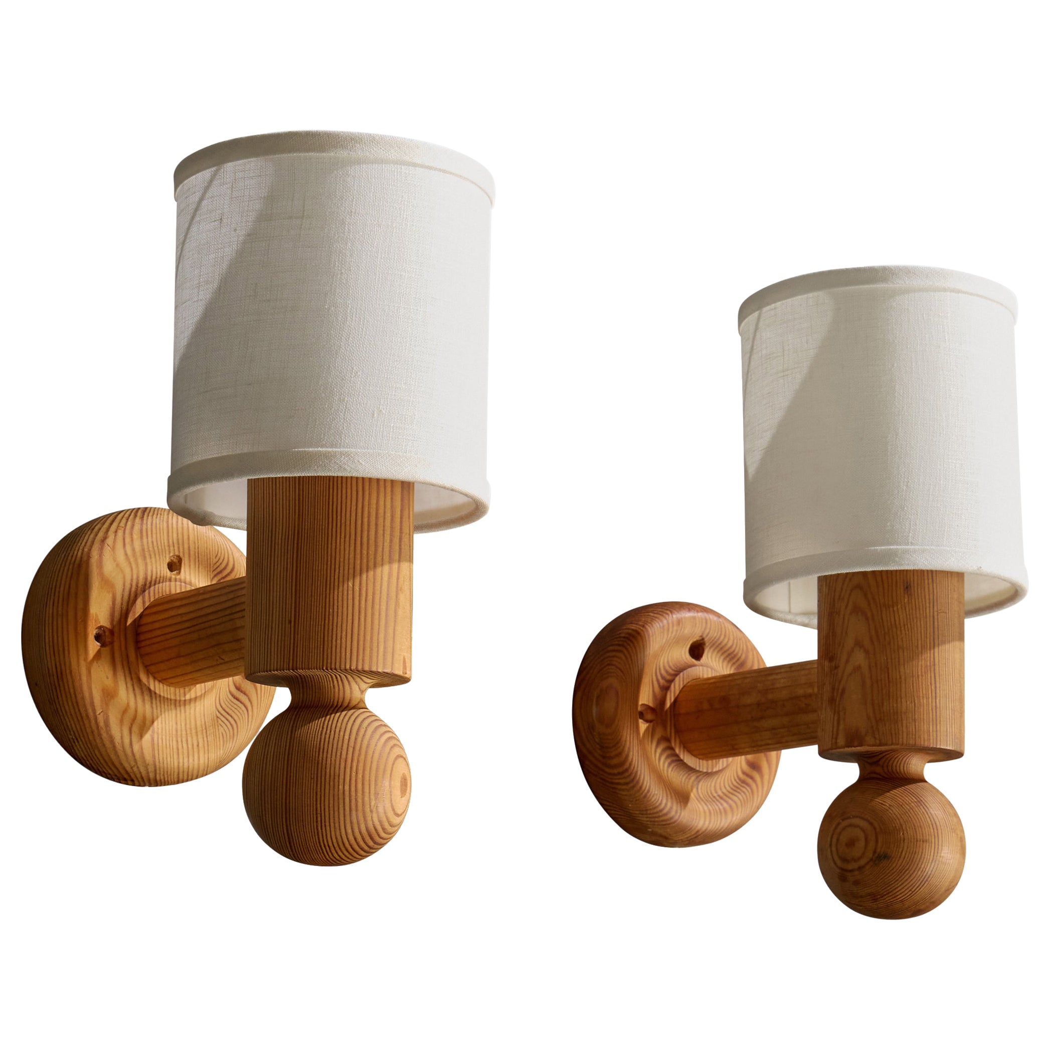 Uno Kristiansson, Wall Lights, Pine, Fabric, Sweden, 1970s