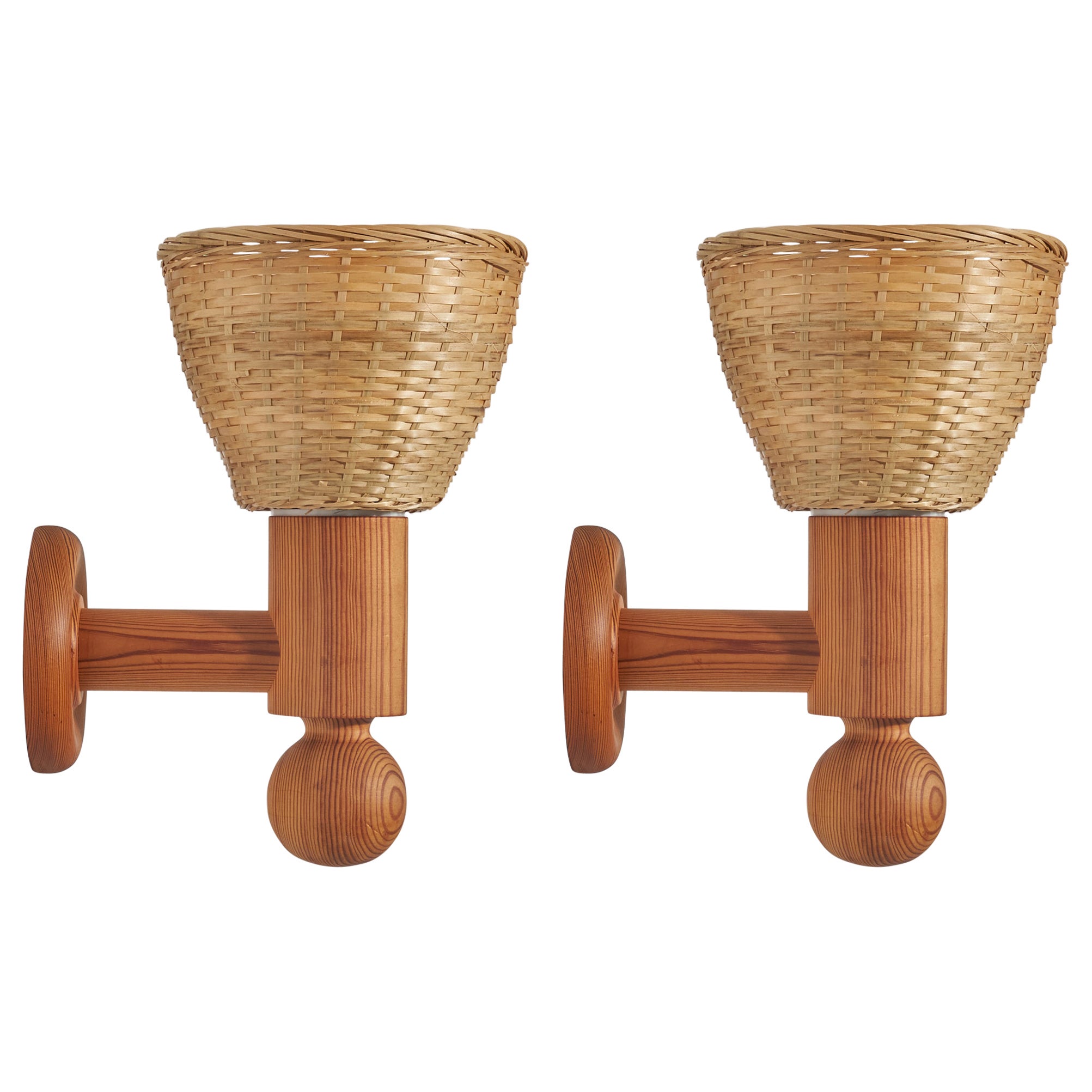 Uno Kristiansson, Wall Lights, Pine, Rattan, Sweden, 1970s