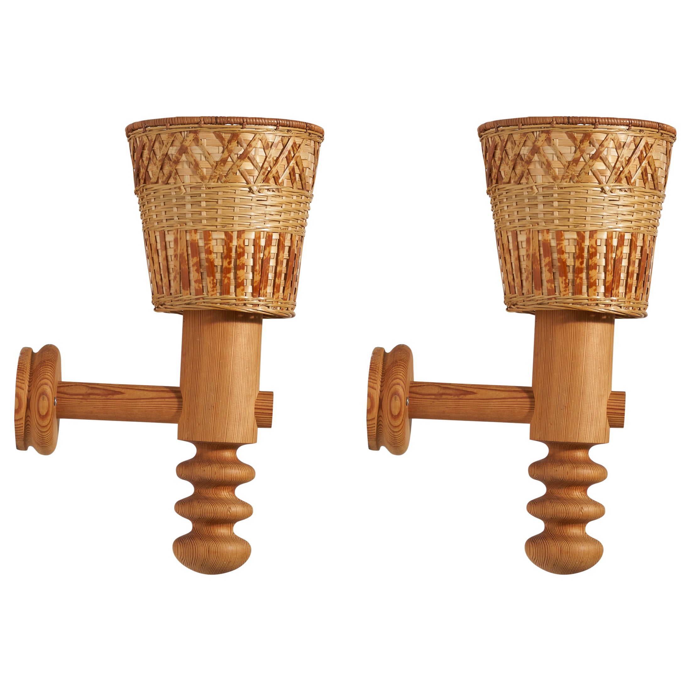 Uno Kristiansson, Wall Lights, Pine, Fabric, Sweden, 1970s For Sale at