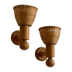 Uno Kristiansson, Wall lights, Turned Solid Pine, Rattan, Luxus, Sweden, 1960s Vintage Uno Kristiansson, Wall lights, Turned Solid Pine, Rattan, Luxus, Sweden, 1960s