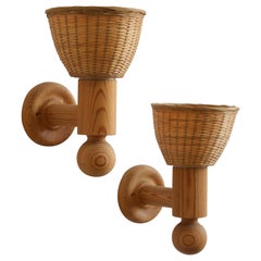 Uno Kristiansson, Wall Lights, Turned Solid Pine, Rattan, Luxus, Sweden, 1960s