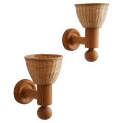 Uno Kristiansson, Wall Lights, Turned Solid Pine, Rattan, Luxus, Sweden, 1960s Vintage Uno Kristiansson, Wall Lights, Turned Solid Pine, Rattan, Luxus, Sweden, 1960s