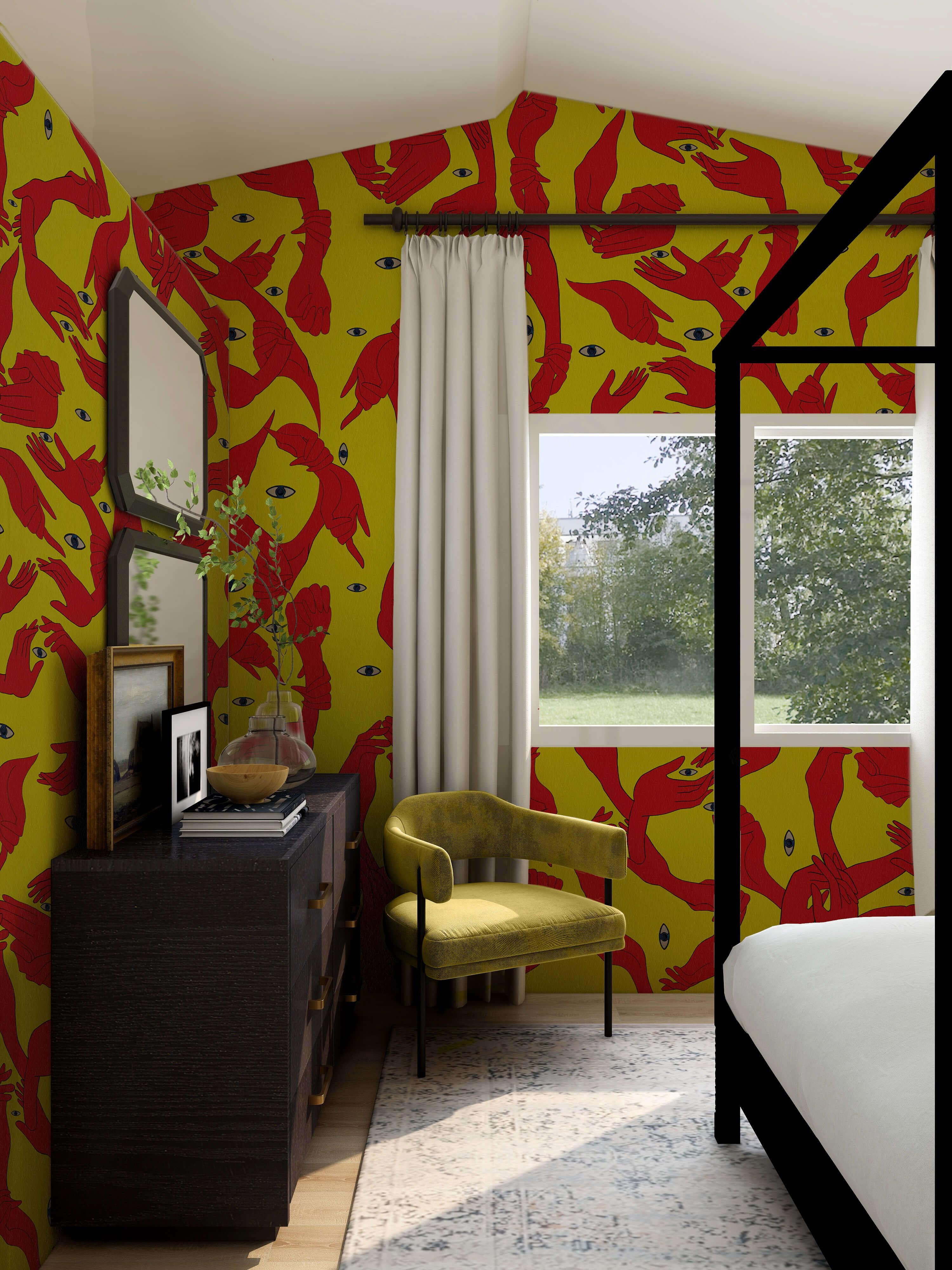 Hintergrund: Gelb
Themen: Rot
Designer: Marika Tardio
Von Hand entworfen in Digitaler Kunst
Hergestellt in: Italien

Druckträger: Fine Art (Vorderseite 50% Zellulose, Rückseite Vliesstoffunterlage)
Greenguard Gold-Tinten, geringe Emissionen).
Breite