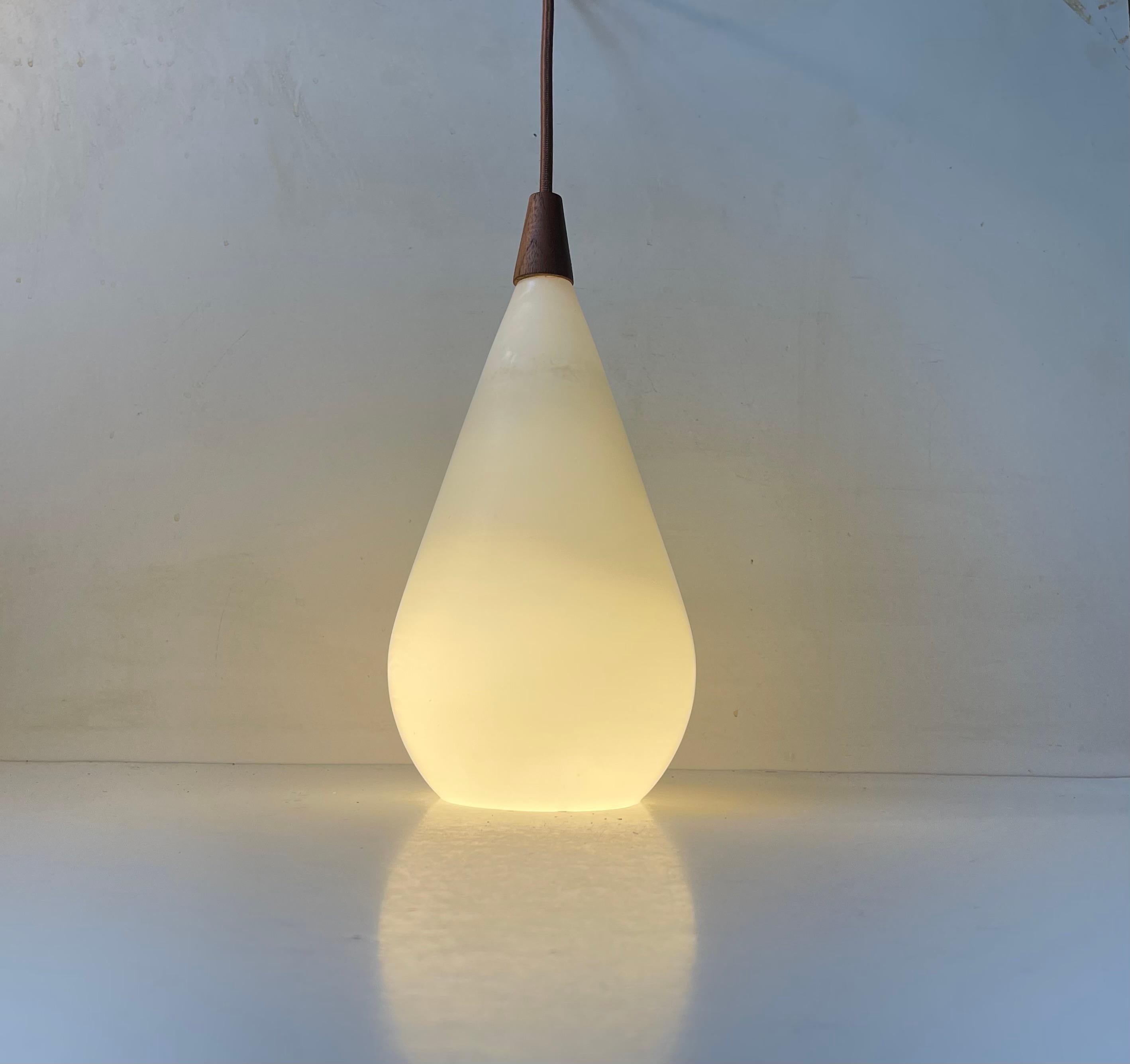 Uno & Osten Kristiansson Ceiling Lamp in Opaline Glass & Teak, 1960s In Good Condition For Sale In Esbjerg, DK