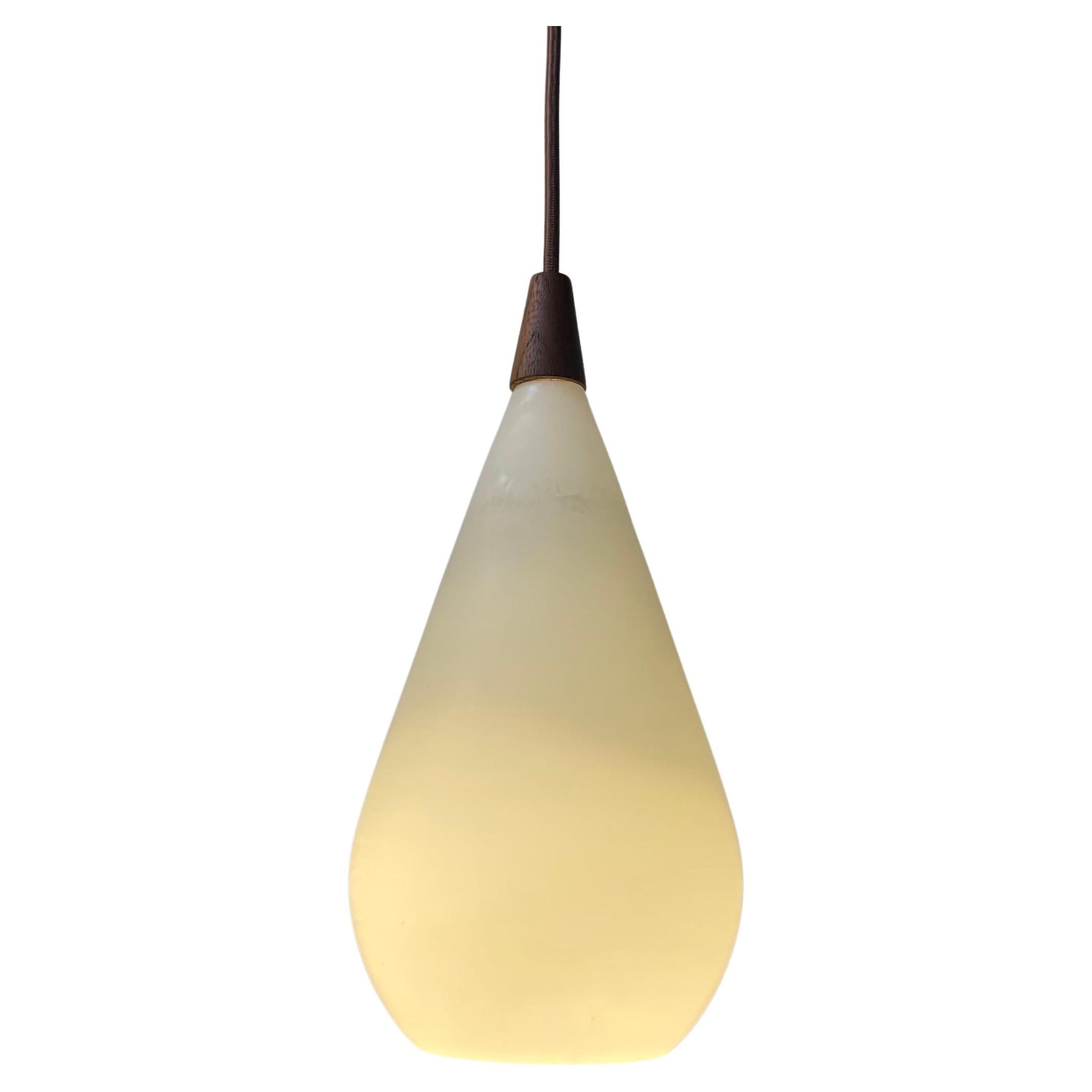 Uno & Osten Kristiansson Ceiling Lamp in Opaline Glass & Teak, 1960s For Sale