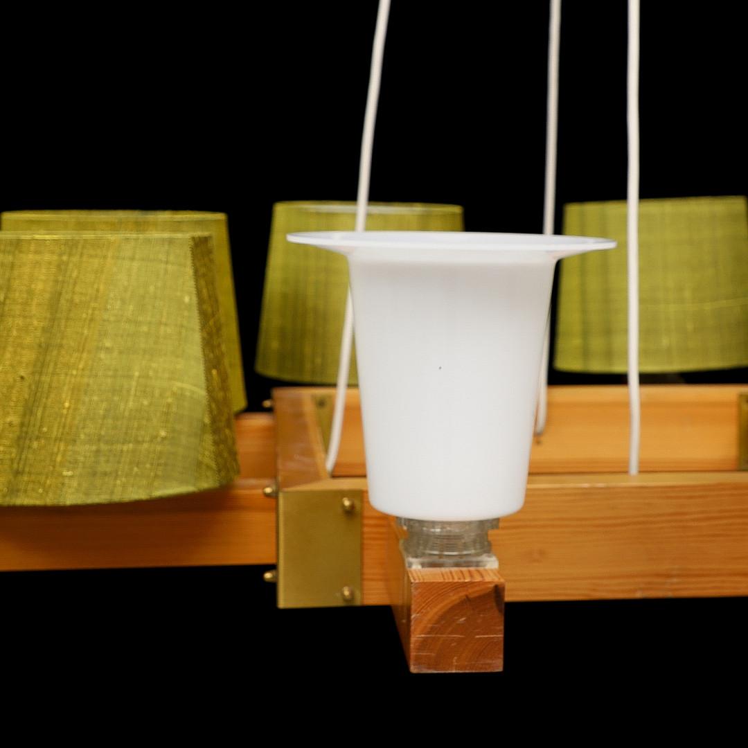 Mid-20th Century Uno & Östen Kristiansson Chandelier for Luxus Green Thai-Silk Shades For Sale