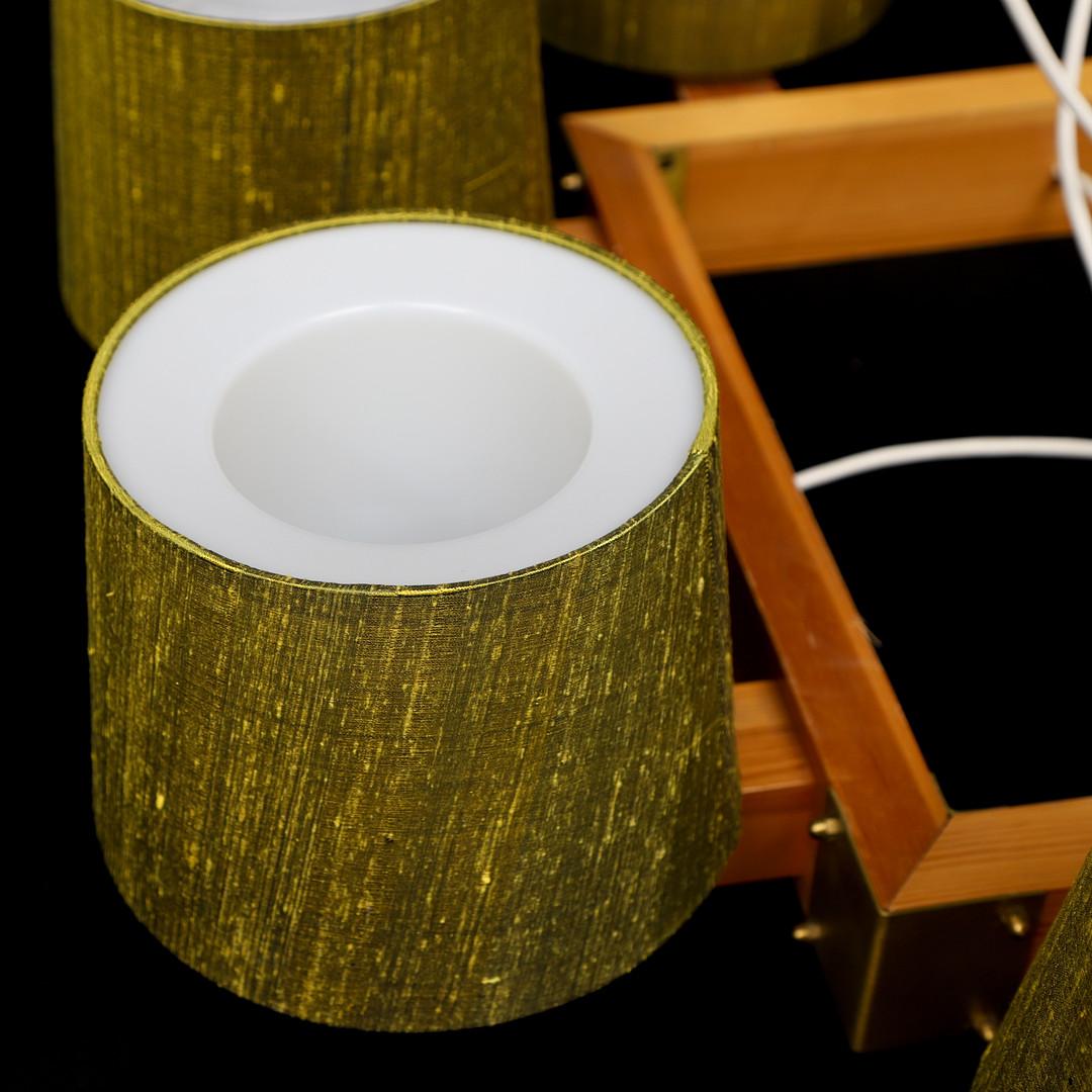 Brass Uno & Östen Kristiansson Chandelier for Luxus Green Thai-Silk Shades For Sale