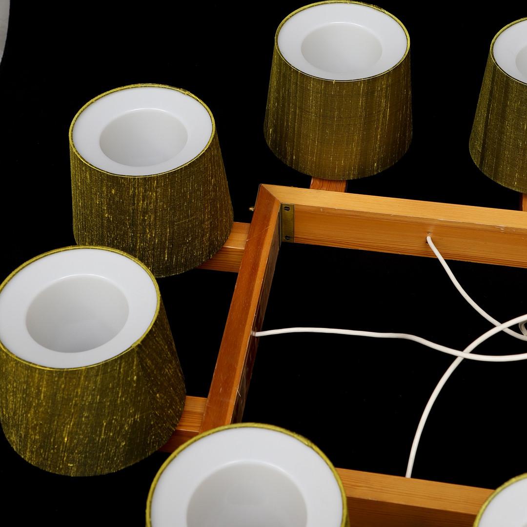 Uno & Östen Kristiansson Chandelier for Luxus Green Thai-Silk Shades For Sale 1
