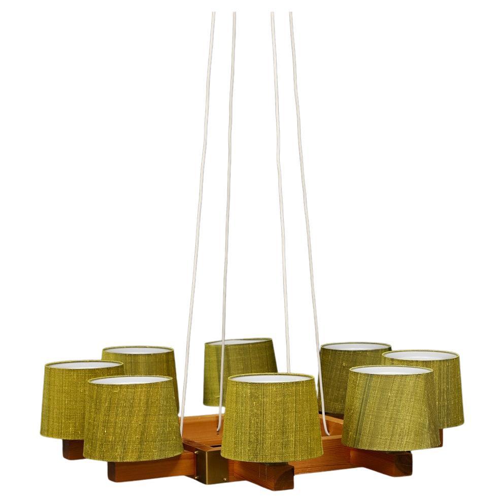 Uno & Östen Kristiansson Chandelier for Luxus Green Thai-Silk Shades For Sale