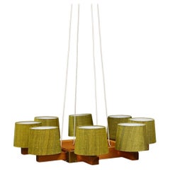Uno & Östen Kristiansson Chandelier for Luxus Green Thai-Silk Shades