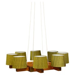 Uno & Östen Kristiansson Chandelier for Luxus Green Thai-Silk Shades
