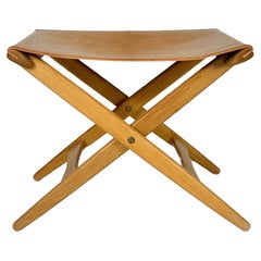 Uno & Östen Kristiansson Folding Stool Oak & Leather Luxus Vittsjö Sweden 1950s