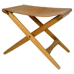 Uno & Östen Kristiansson Folding Stool Oak & Leather Luxus Vittsjö Sweden 1950s