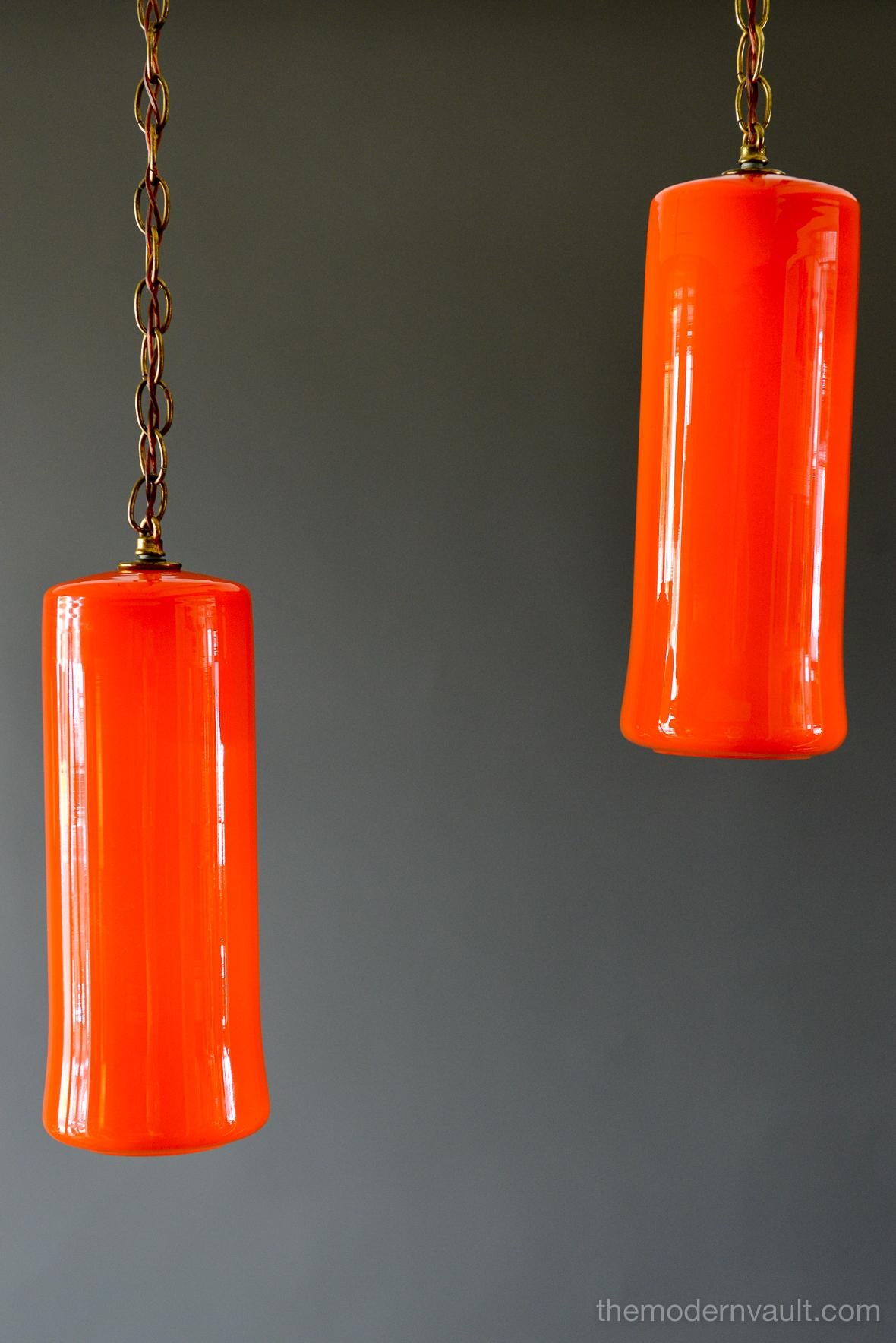 Mid-Century Modern Uno & Östen Kristiansson for Luxus Orange Glass Pendant Lights, circa 1960