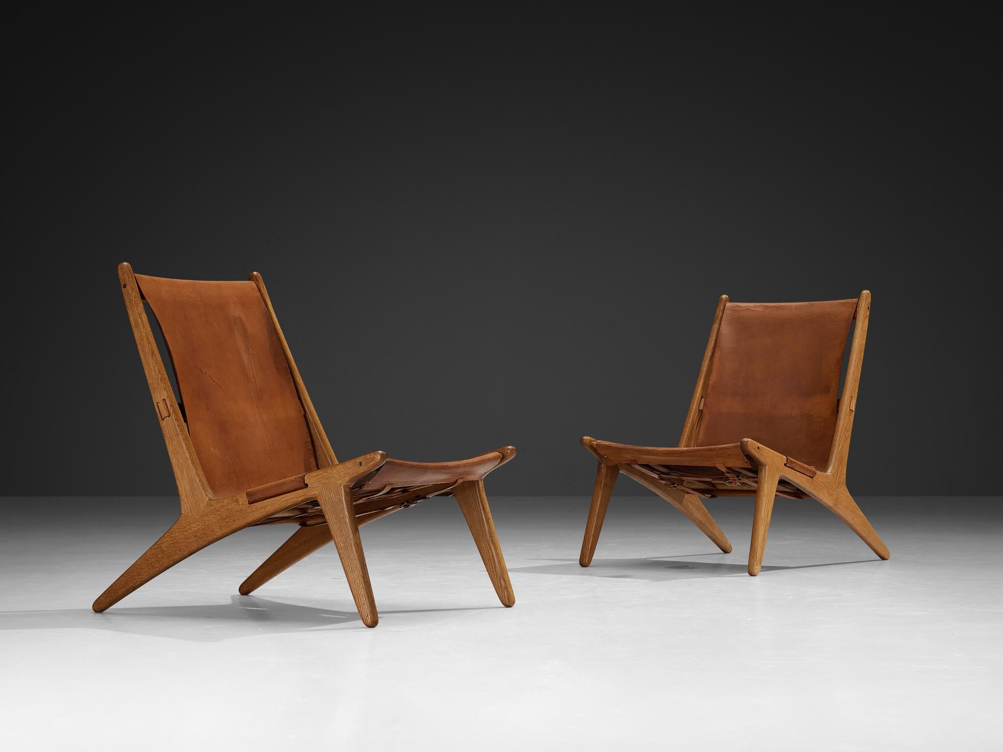 Uno & Östen Kristiansson for Luxus Pair of Hunting Chairs Leather and Oak In Good Condition For Sale In Waalwijk, NL