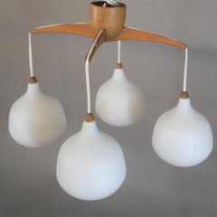 Uno & Östen Kristiansson for Luxus Sweden Teak Chandelier Opaline Glass Shades
