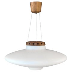 Uno & Östen Kristiansson for Luxus Teak & Opaline Glass UFO Pendant Light:: 1950s