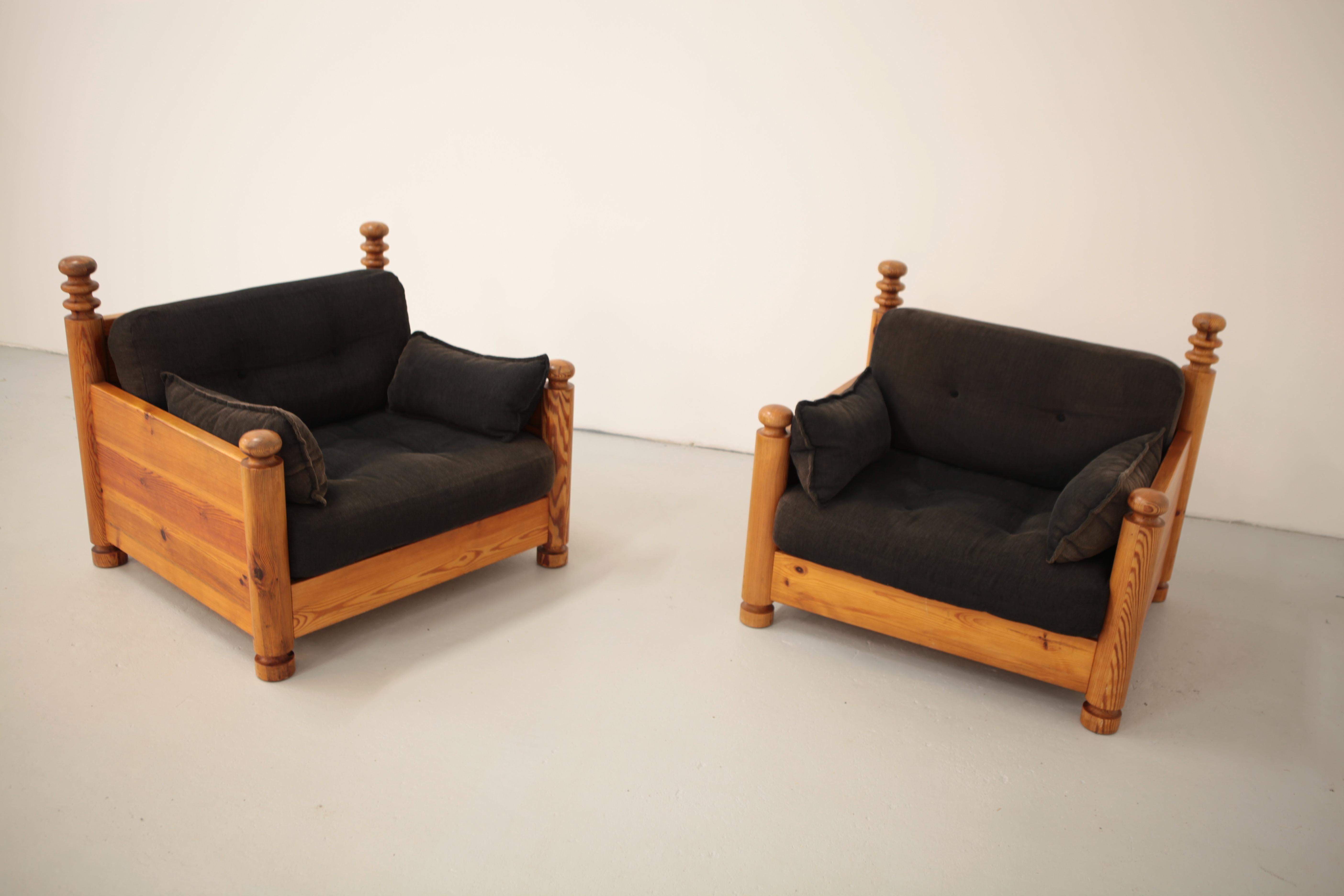 Mid-Century Modern Uno & Östen Kristiansson, Lounge Chairs in Pine, Luxus, Sweden, 1970 For Sale