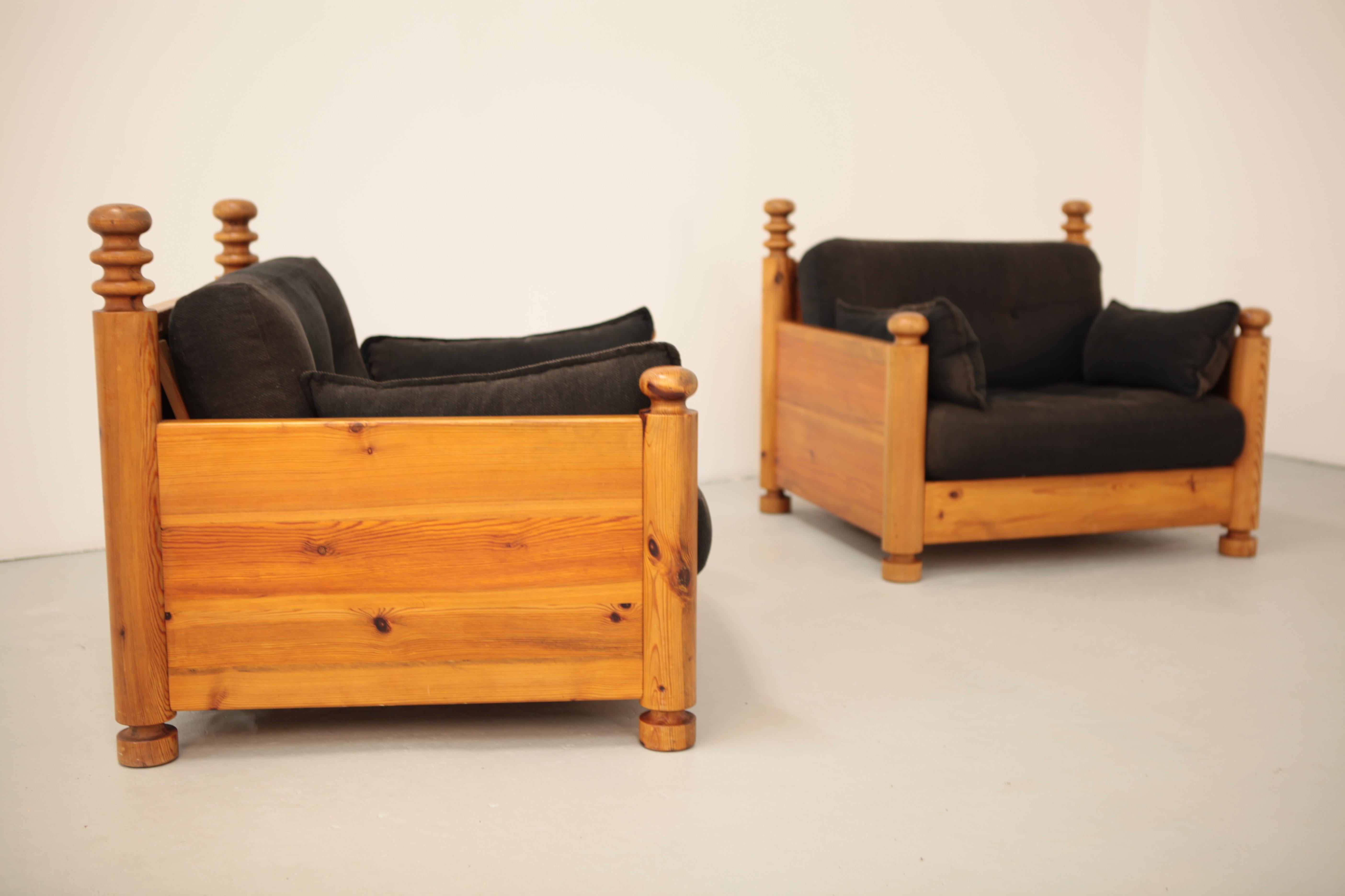 Swedish Uno & Östen Kristiansson, Lounge Chairs in Pine, Luxus, Sweden, 1970 For Sale
