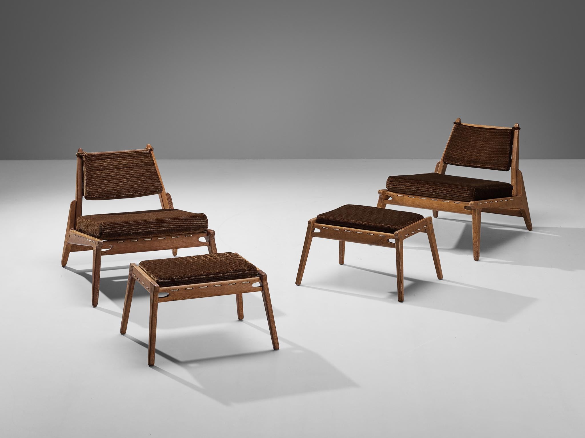 Swedish Uno & Östen Kristiansson Pair of 'Hunting' Chairs in Oak and Brown Fabric